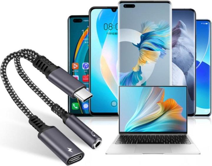 Actual product image Apfelkiste USB C auf 3.5mm Kopfhöreranschluss und USB C Port Nylon Kabel mit Power Delivery (60W) (USB Type C, USB Type C, 3.5mm jack)
