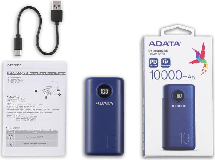 Image du produit Adata P10000QCD (10000 mAh, 22.50 W, 37 Wh)