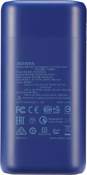 Image du produit Adata P10000QCD (10000 mAh, 22.50 W, 37 Wh)