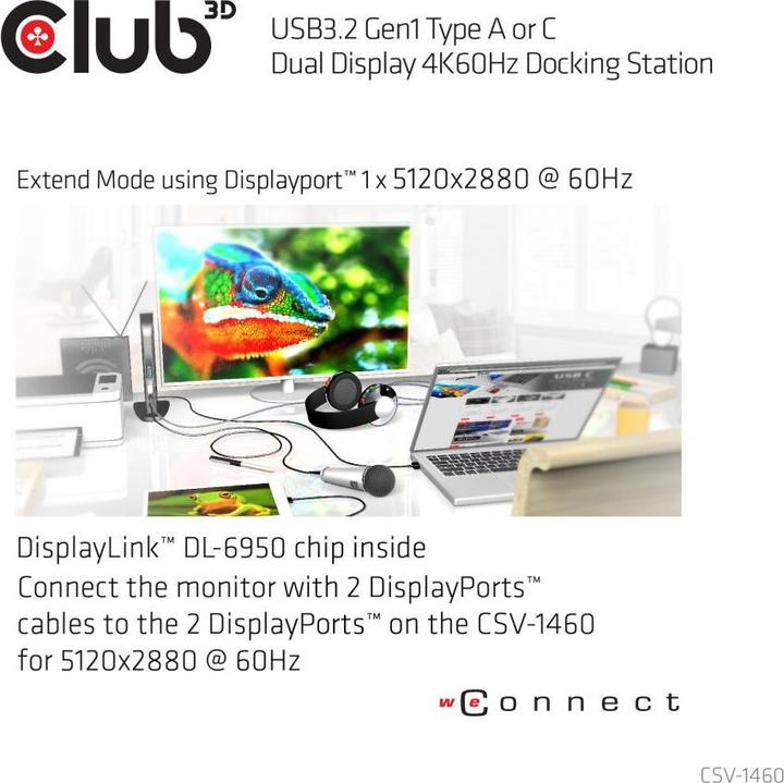 Produktbild Club 3D Dual Display Docking Station 4K60Hz (USB-B, 6 Ports)