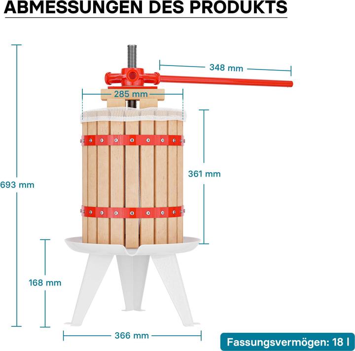Produktbild Wiltec Set 18L Obstpresse Presstuch Obstmühle 7L Weinpresse Saftpresse
