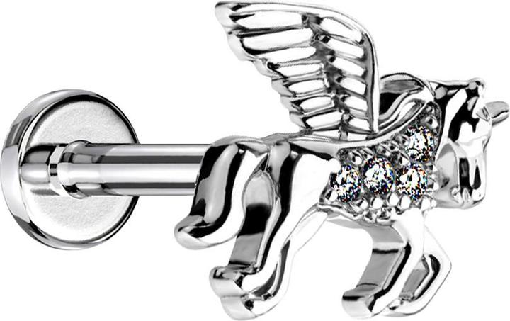 Actual product image Star Piercing Micro Labret internal thread silver unicorn with crystal (Brass, Surgical steel 316L)