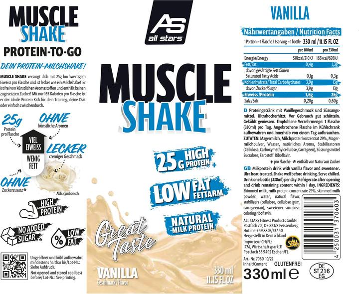 Valori nutrizionali e ingredienti All Stars Frullato muscolare (330 ml) (Vaniglia, 1 pz., 350 g)