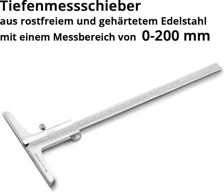 Produktbild Stahlwerk Tiefenmessschieber 0-200 mm DIN 862 aus rostfreiem Edelstahl (20 cm)