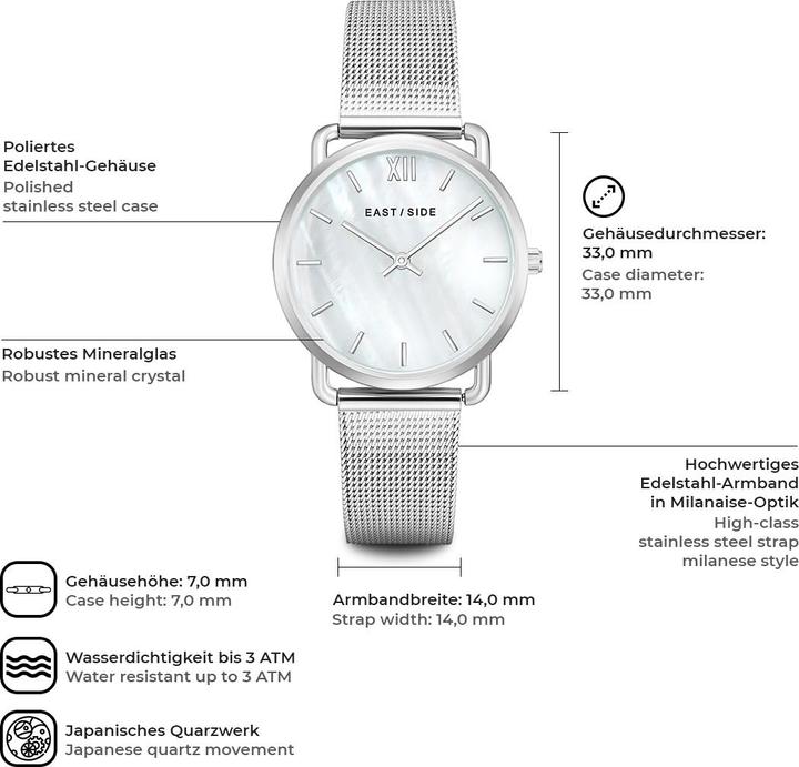 Produktbild Eastside Damen Quarzuhr Pearl Moon Edelstahl silber - 9850 (Analoguhr, 33 mm)