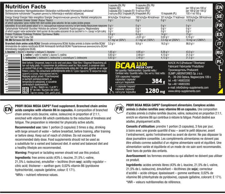 Valori nutrizionali e ingredienti Olimp Sport Nutrition Professional BCAA Mega Caps (120 Caps, 132g) (120 Pezzo/i, Pillole, 132 g)