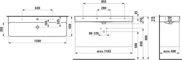 Actual product image Laufen Washbasin VAL 1200x420mm w ÜL 2 HL version white matt (420 mm, 1200 mm)