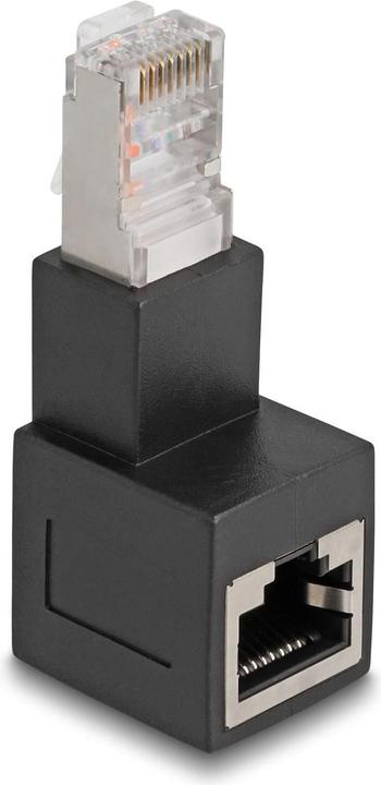 Produktbild Delock RJ45 Stecker zu RJ45 Buchse Adapter Cat.6A 90° nach unten gewinkelt (UTP, CAT6a, 0.05 m)