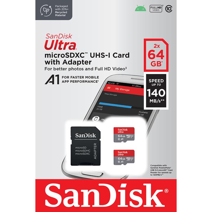 Immagine prodotto SanDisk Ultra mit Adapter (2-Pack) (64 GB, microSDXC, U1, UHS-I)