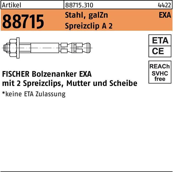 Actual product image Fischer Bolt anchor R 88715 EXA 10/ 45 Galvanised steel/Spreader clip A 2 (50 pcs.)