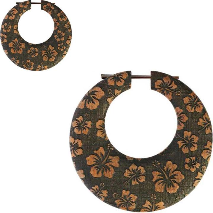 Produktbild Star Piercing Ohrring Teller Hibiskusblüten Graviert aus Saba Holz (ohne Messing, Organisch)