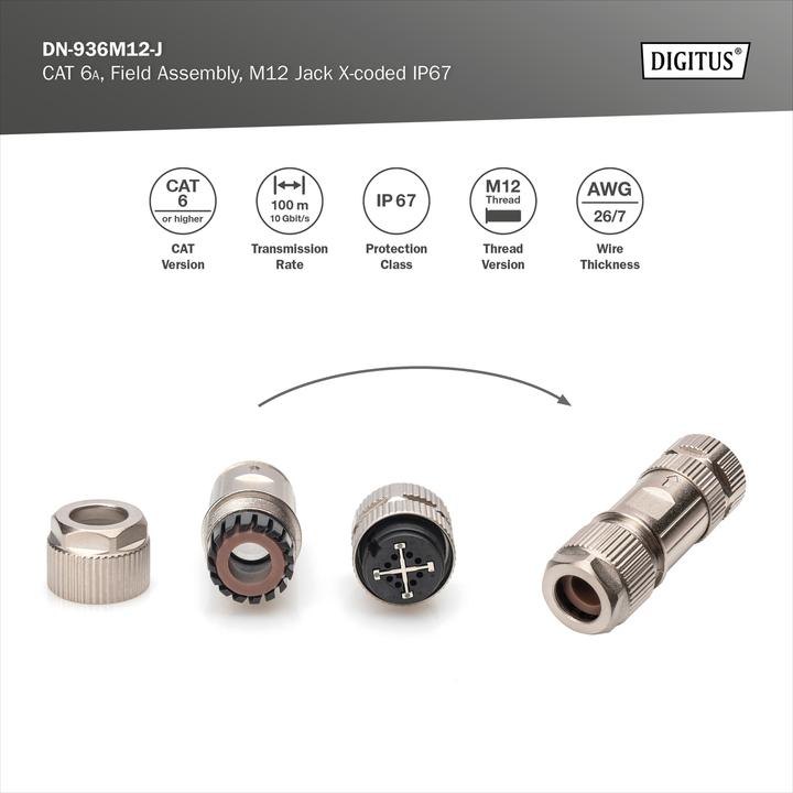Produktbild Digitus M12-Buchse X-kodiert IP67, Cat. 6A, feldkonfektionierbar