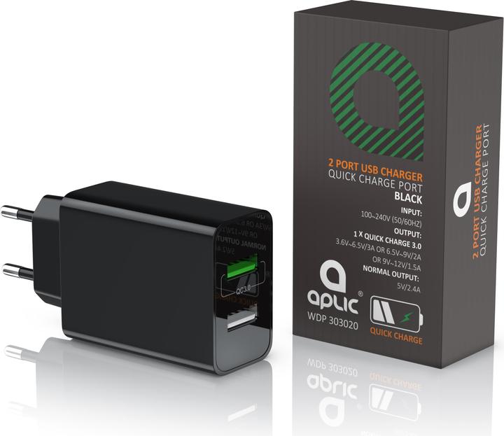 Produktbild Aplic USB Ladegerät 3000 mA, 2 Port, 30W, Quick Charge 3.0 (QC 3.0) Schnelladefunktion, schwarz (30 W)
