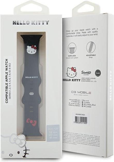 Actual product image Hello Kitty Pasek HKAWMSCHBLK Apple Watch 38/40/41mm czarny/black strap Silicone Kitty Head (Silicone, Steel)