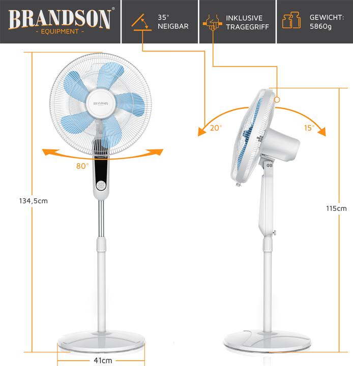Actual product image Brandson Pedestal fan 40 cm Ø, remote control, display, oscillation, height & head adjustable, 60W, white (57 dB)