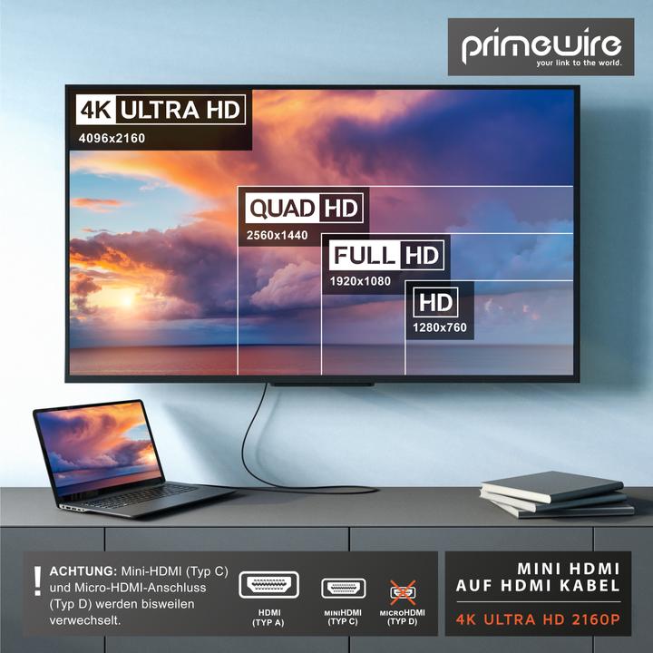 Produktbild Primewire Mini HDMI auf HDMI Kabel, Typ C auf Typ A, 4K miniHDMI Adapterkabel 3840 x 2160 @ 60 Hz, HDR, ARC (1.50 m, HDMI)