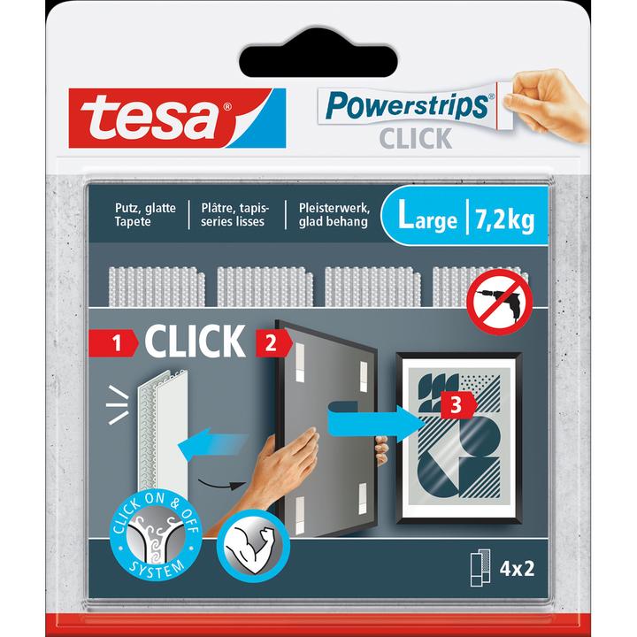 Produktbild tesa Powerstrips CLICK - Klett-Klebepads - Bilder aufhängen ohne Bohren - Large 7,2kg - 4 x 2 Stück (7.20 kg)