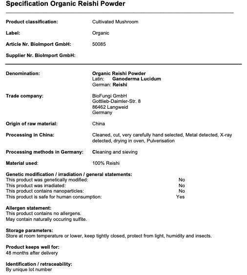 Nutritional values and ingredients Zimmerli Adaptogene Reishi powder (BIO) (1 Piece, Powder, 100 g)