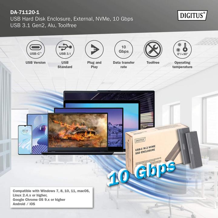 Productafbeelding Digitus USB M.2 voor harde schijf, SSD, extern, NVMe, 10Gbps, USB 3.1 Gen2, aluminium, zonder gereedschap (M.2 2242, M.2 2260, M.2 2280, M.2 2230)