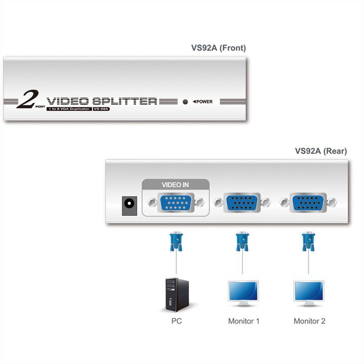 Image du produit Aten VS92A, répartiteur VGA à 2 ports avec amplificateur de signal jusqu'à 30m