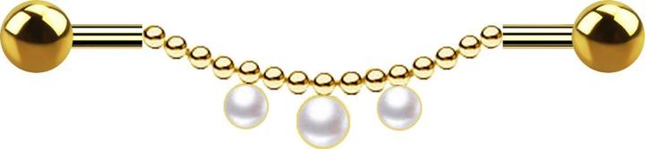 Produktbild Star Piercing Barbell vergoldet zwei Kugeln Kette drei Perlen weiss (Chirurgenstahl 316L)