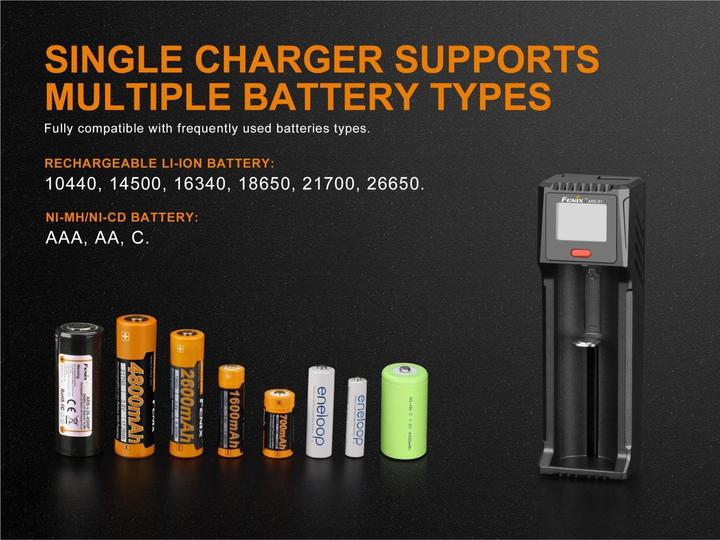 Immagine prodotto Fenix FCH-D1 (1 pz., 10440, 14500, 16340, 18650, 21700, 26650, AA, AAA, C, Caricabatterie senza batteria)