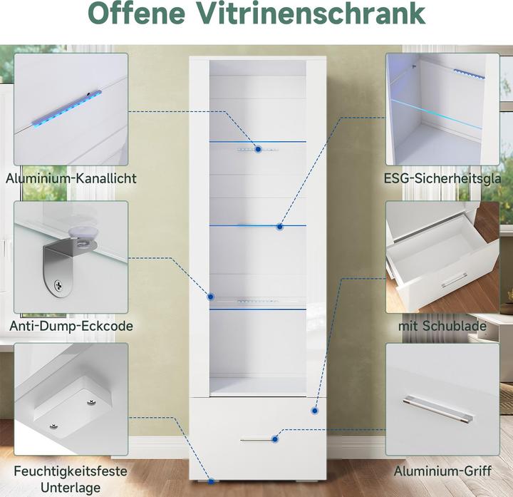 Produktbild SONNI Vitrine mit LED-Beleuchtung, Glasvitrine mit Schubladen, weisse Hochglanzfront, Sammelvitrine (100 x 40 x 180 cm)
