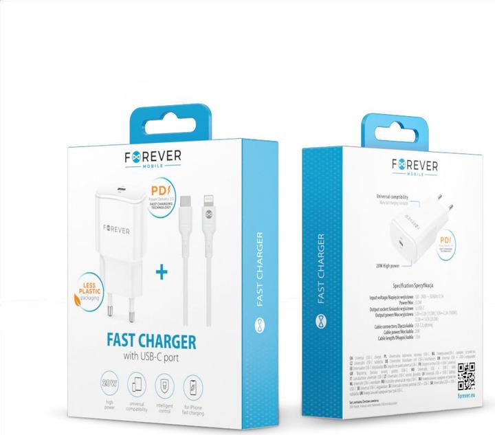 Image du produit Forever TC-01-20AC PD QC charger 1x USB-C 1x USB 20W white + USB-C - Lightning cable 20W (20 W)