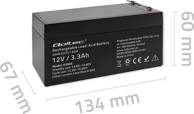 Actual product image Qoltec AGM 53065 (12 V, 3.30 Ah)