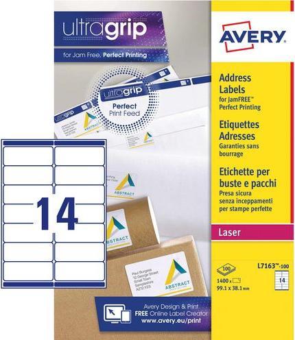 Avery Dennison Labels Zweckform ultragrip L7163, 99,1x38,1 mm, white, pk. 1400 pcs.