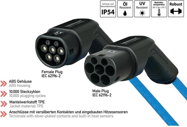 Produktbild Kabelmeister E-Auto-Ladekabel Mode 3, Typ 2 Stecker an Buchse, 3-phasig, 32 A, 22 kW, blau, 10m (EVC03-100B) (Typ 2, 22 kW, 32 A, 10 m)
