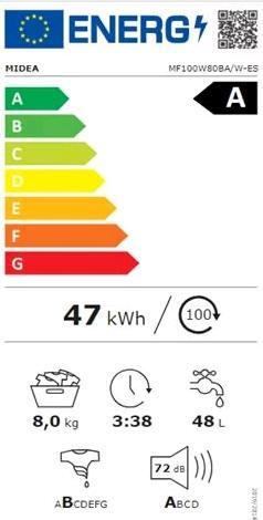 Energy Label Midea MF100W80BAWIT Free Installation Washing Machine 8Kg 1400 (8 kg)
