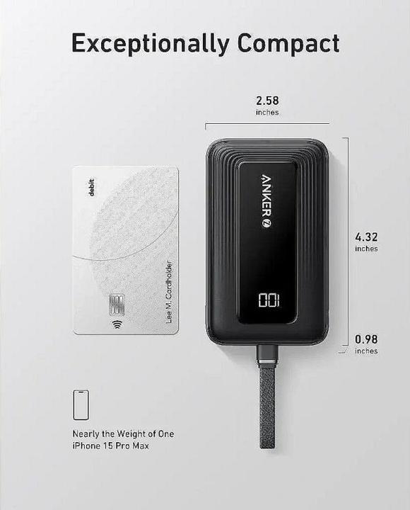 Actual product image Anker Power Bank with Built-In USB-C Cable | A1688H11 | 10000 mAh | Black (10000 mAh, 30 W)