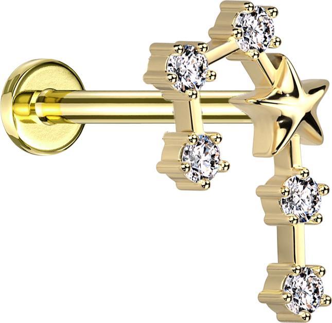 Image du produit Star Piercing Micro Labret femelle doré signe astrologique Gémeaux avec cristaux (Acier chirurgical 316L, Laiton)
