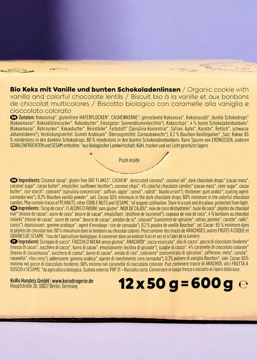 Nutritional values and ingredients KoRo Organic biscuit with vanilla and colourful chocolate lentils (1 pcs., 600 g)