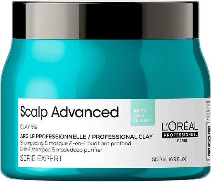 L'Oréal Professionnel SCALP ADVANCED anti-oiliness 2-in1 shampoo & mask deep purifier clay 500 ml (500 ml, Flüssiges Shampoo)