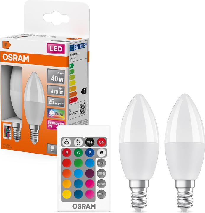 Actual product image Osram LED STAR+ CLB RGBWFR 40 DIM via rem. con 5,5W/827 E14 470LM 2pcs BOX (E14, 4.90 W, 470 lm, 2 x, F)