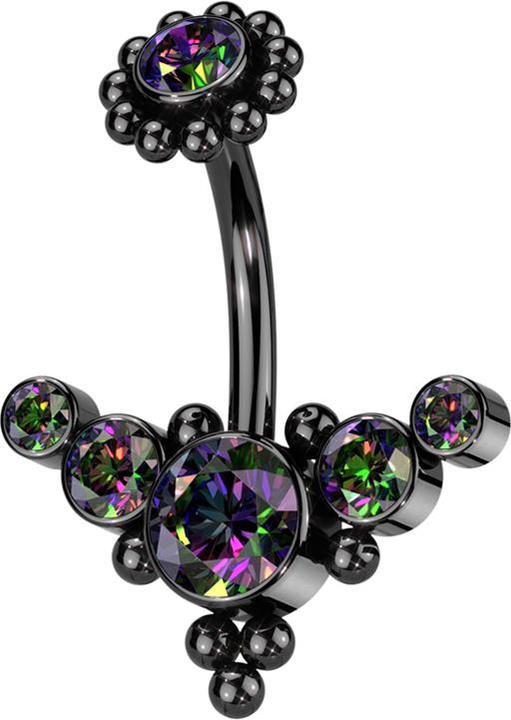 Actual product image Hollywood Body Jewelry Banana internal thread black with ball flower black crystal dark multicolour and front centre with K (Surgical steel 316L)