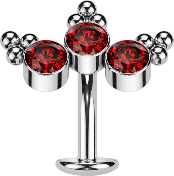 Image du produit Star Piercing Threadless Labret-Stab Banane silber dreiecks Kugeln drei Kristalle rot (Titane G23)