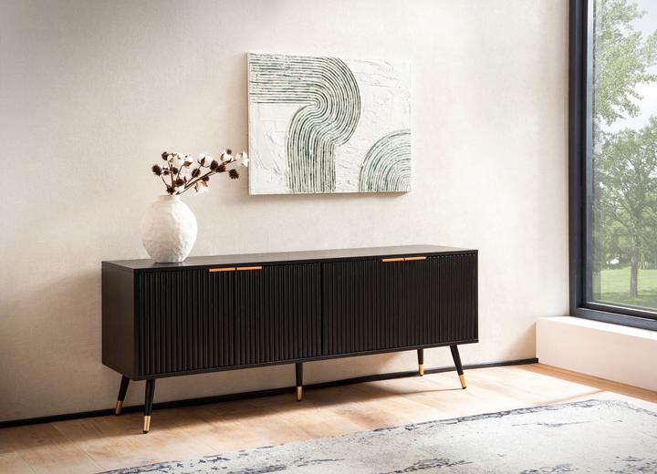 Produktbild FineBuy Lowboard TV Schrank 150 cm Schwarz Türen Fernsehkommode Eiche Modern