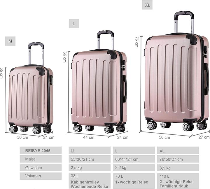 Image du produit Beibye Valise de voyage à roulettes jumelées 3pcs rose doré (M (50 - 90l), L (90 - 115l), XL (à partir de 115l))