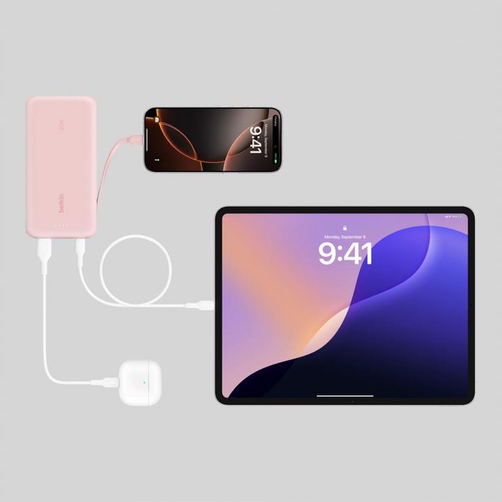 Actual product image Belkin Powerbank 20.000mAh pink 30W integr.USB-C cable BPB024hqPK (20000 mAh, 30 W, 30 Wh)
