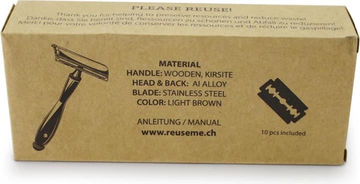 Actual product image ReUseMe Wooden razor light brown with steel blade including 10 spare blades