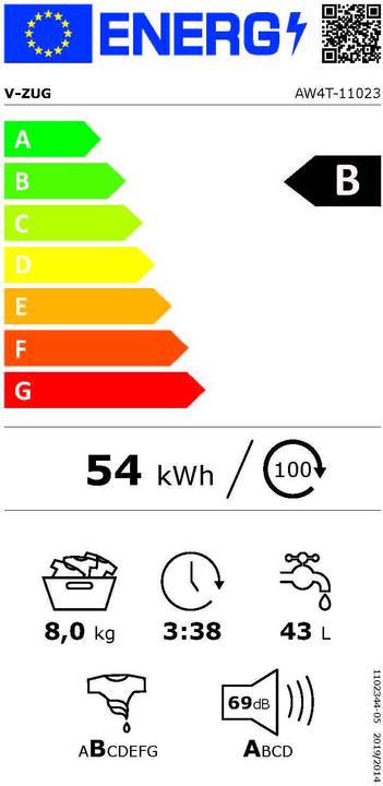 Label énergétique V-Zug AdoraWaschen V4000 (8 kg, Gauche)