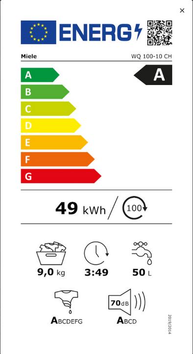 Energy Label Miele NOVA W2 WQ 100-10 CH (9 kg, Right, CH plug)