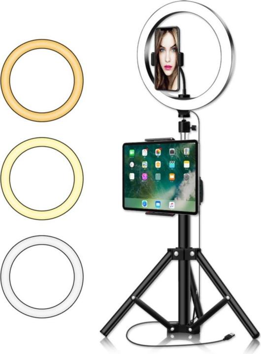 Actual product image Apfelkiste XXL Dual Tripod Dreibein Stativ Halterung mit 10" LED Ringleuchte + Fernbedienung (Ring light)