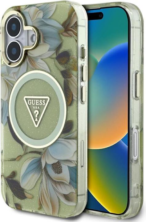 Immagine prodotto Guess Glitter Flowers Triangle Buttons MagSafe case for iPhone 16 green (Apple iPhone 16)