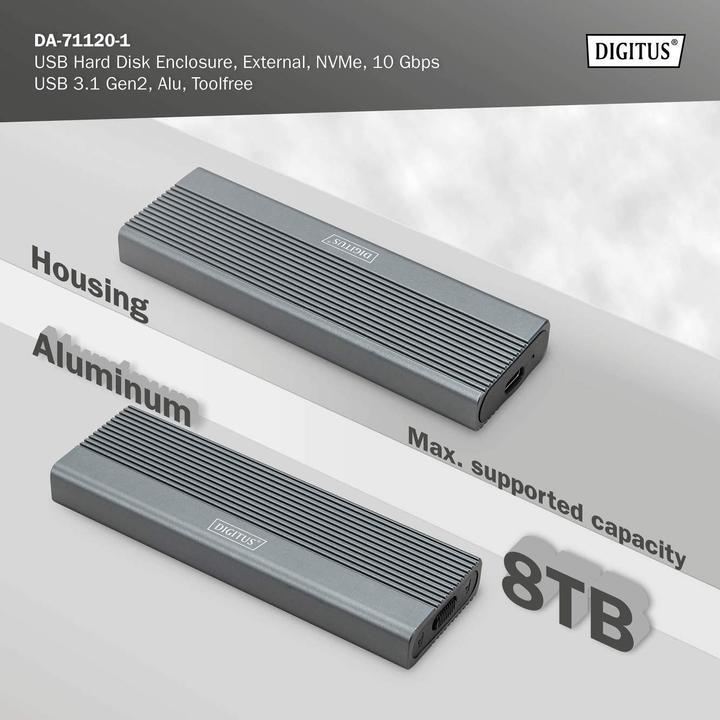 Productafbeelding Digitus USB M.2 voor harde schijf, SSD, extern, NVMe, 10Gbps, USB 3.1 Gen2, aluminium, zonder gereedschap (M.2 2242, M.2 2260, M.2 2280, M.2 2230)