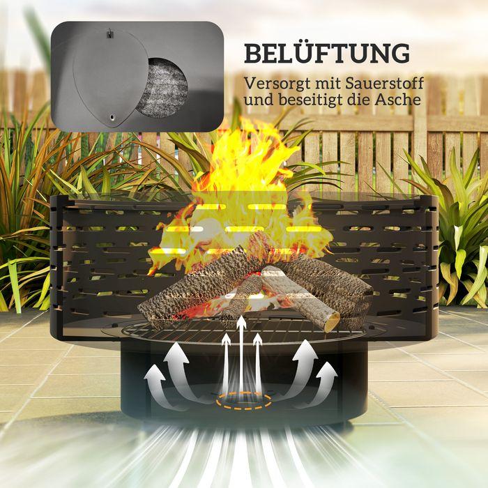 Produktbild Swisshandel24 3in1 Feuerschale Ø60x39cm Edelstahl Grillrost Schürhaken Funkenschutz Holzoptik Kohlegrau (60 cm)