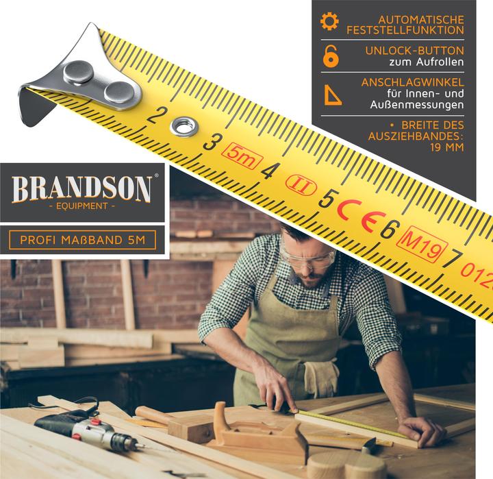 Produktbild Brandson 5m Bandmass, Bandmass mit Gürtelclip, robustes Stahlbandmass, Massband, Rolle